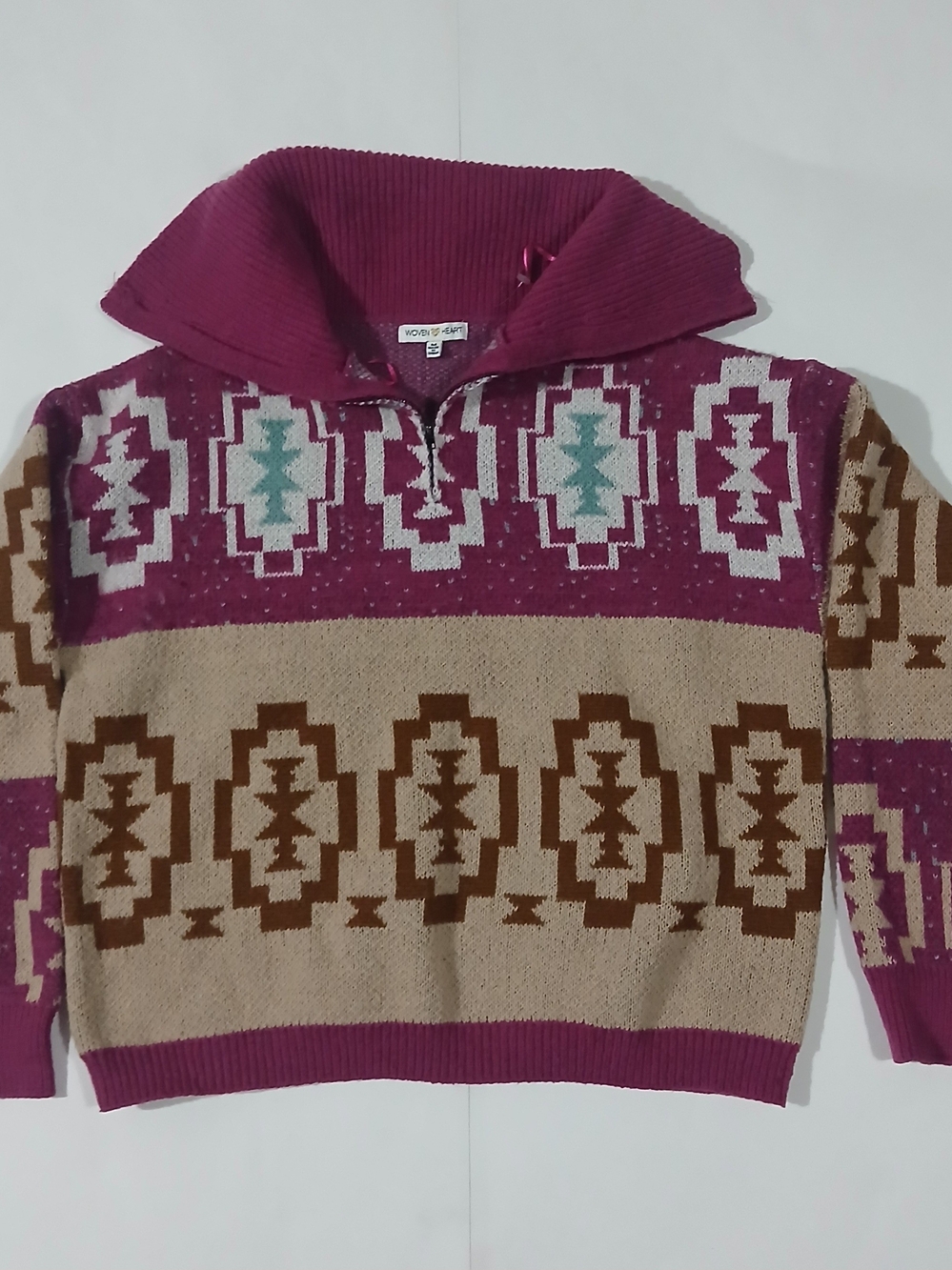 Woven Heart Purple, Cream & Brown Geometric Cowl-Neck Sweater